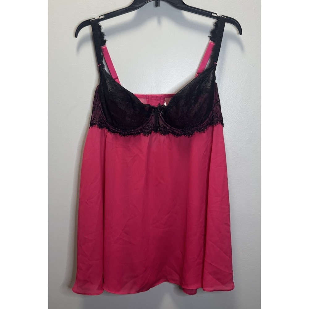 Cacique Babydoll Chemise Lingerie SZ 26/28 Hot Pink/ Black Lace Underwire Sheer
